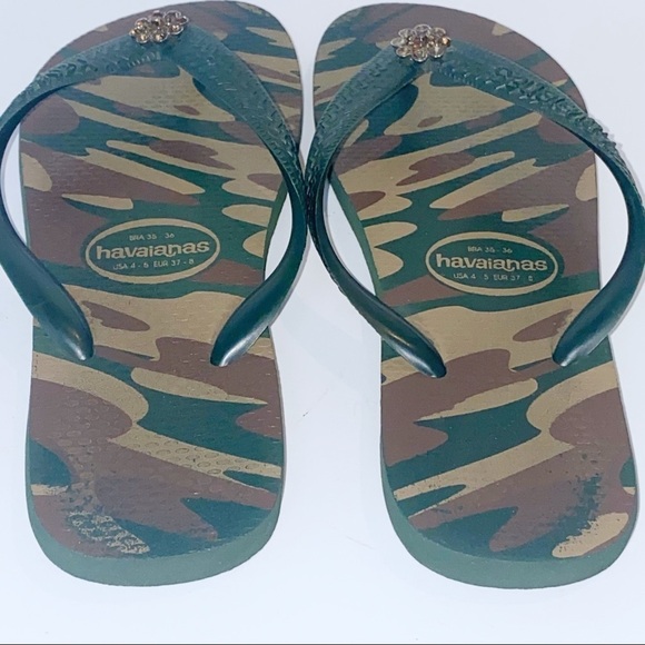 Havaiana’s Green Camo Flip Flops Crystal Adorned EUR 37/8 US 4/5 Pool beach - Picture 6 of 9